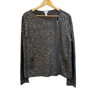 Chico's Platinum Silver Sequin Cardigan Zipper Jacket Blazer, Long Sleeve, 2